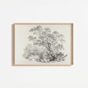 Vintage Black and White Tree Drawing Sketch | Landscape Sketch | Antique Drawing | Sketch Art | Landscape Digital Art | PRINTABLE
