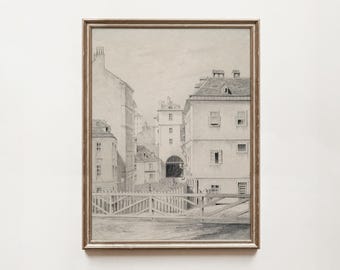 Vintage Cityscape Ink Drawing: Beige Neutral Wall Art (Printable Download)
