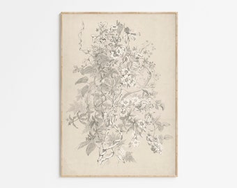 Vintage Muted Floral Art Print | Antique Flower Wall Art | Neutral Minimalist Vintage Art | Printable Digital Art