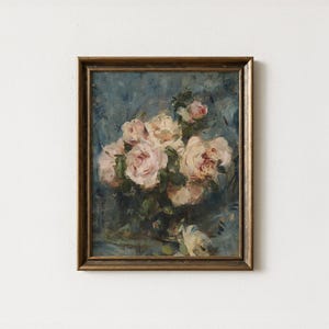 Vintage Floral Still Life Print: Pink Roses in Vase (Digital Download)