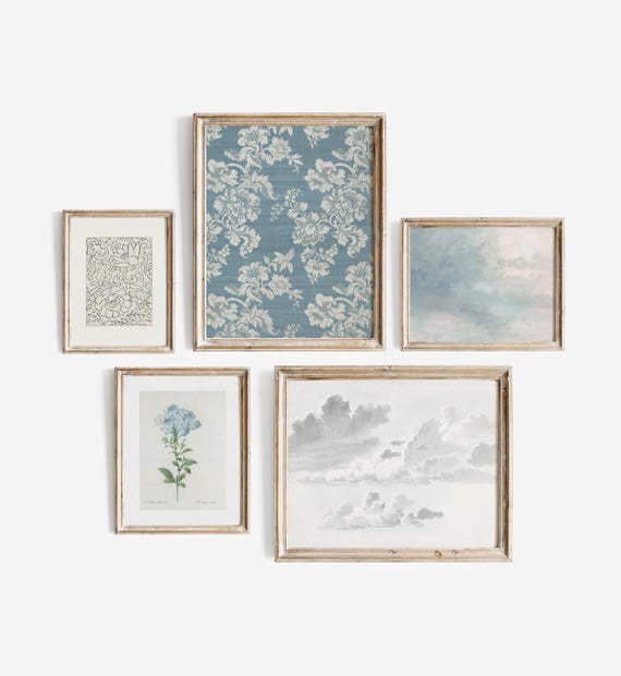 French Blue Gallery Wall Set of 5 | Vintage Farmhouse Printable Art | Cottagecore Digital Download