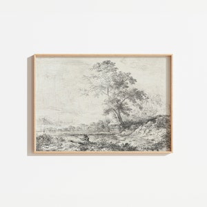 Vintage Landscape Sketch Art Print: Rustic Farmhouse Drawing (Digital Art)
