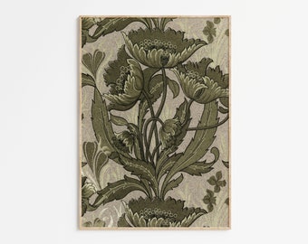 Vintage Olive Green Tapestry Print Wall Art | Floral Tapestry | Digital Printable Antique Art