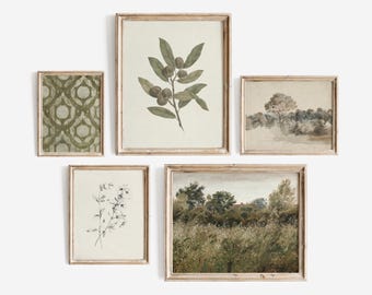 Vintage French Green Gallery Wall Art Prints: Botanical Landscape Set (Digital Download)