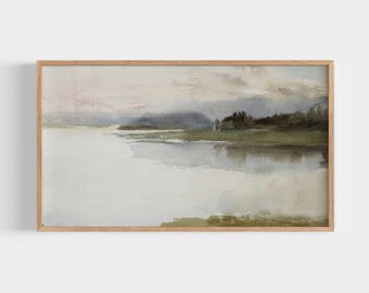 Samsung Frame TV Art | Vintage Coastal Abstract Painting | Green Landscape Lake Art | Digital Download