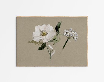 Vintage Muted Floral Drawing Printable, Antique Flower Painting