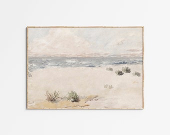 Vintage Muted Coastal Watercolor Painting | PRINTABLE | Vintage Landscape Beach Painting | Antique Digital Art | Neutral Bathroom Wall Art