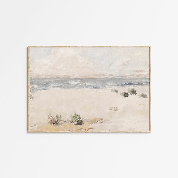 Vintage Muted Coastal Watercolor Painting | PRINTABLE | Vintage Landscape Beach Painting | Antique Digital Art | Neutral Bathroom Wall Art