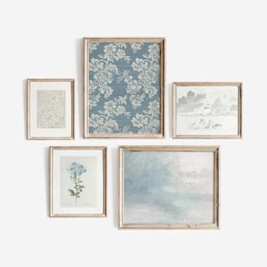 Blue French Cottage Gallery Wall | Set of 5 Prints | Printable Digital Download | Botanical Sketch | Blue Textile | Watercolor