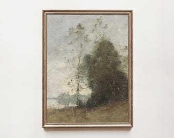 May include: A framed landscape painting with a muted color palette. The artwork depicts trees and a body of water under a cloudy sky. The painting has a vintage aesthetic, with a weathered wooden frame.