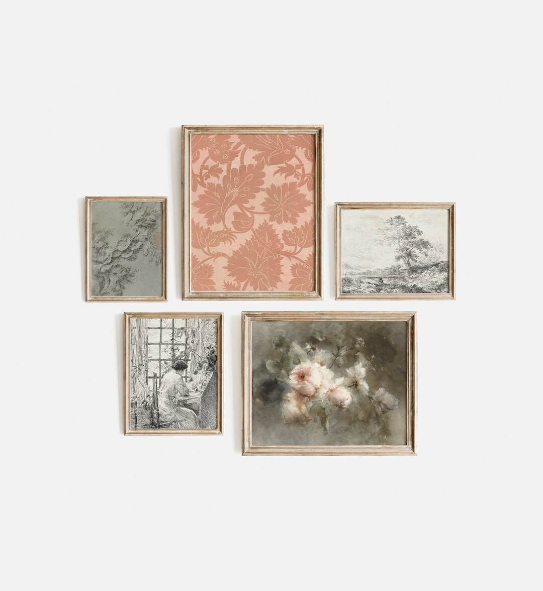 Vintage French Style Gallery Wall Set Antique Wall Art Set of 5