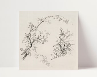 Vintage Antique Floral Ink Drawing Printable | Square Botanical Print | Original Vintage Print | Cottage Black and White Digital Download