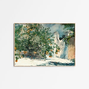 Vintage Colorful Orange Tree Painting | Blue Green Kitchen Wall Decor | Printable Digital Download