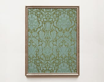 Vintage Floral Fabric Art Print: Blue & Green Tapestry (Digital Download)