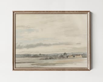 Vintage Landscape Watercolor Painting: Neutral Tones (Printable Digital Download)