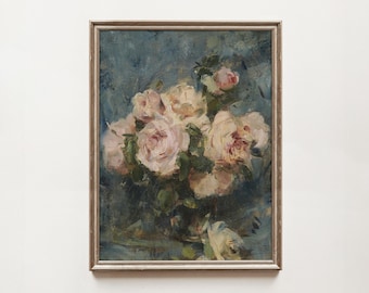 Vintage Floral Still Life Print: Pink Roses in Vase (Digital Download)