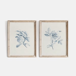 May include: Two framed prints featuring blue floral illustrations. The prints are in simple, light wood frames. The flowers are drawn in a vintage style.