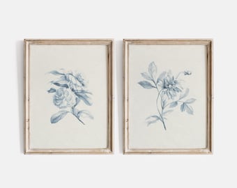 Blue French Cottage Gallery Wall Set of 2 | Printable Digital Download | Botanical Floral Sketch