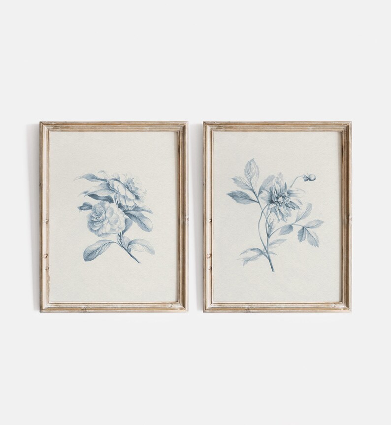 May include: Two framed prints featuring blue floral illustrations. The prints are in simple, light wood frames. The flowers are drawn in a vintage style.