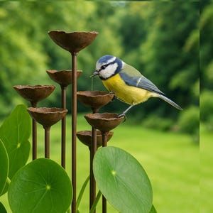 Pode incluir: Uma escultura de jardim em metal com vários caules castanhos finos rematados por pequenas taças texturizadas. Um chapim-azul de plumagem azul, amarela e cinzenta pousa numa das taças, com grandes folhas verdes redondas na base.