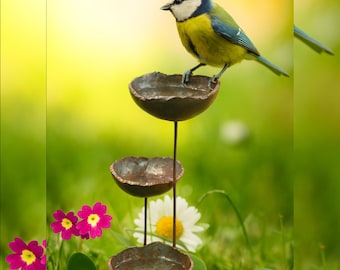 Rustic Bird Bath Garden Stake ~ Hand-Forged Metal Bee Water Station ~ Butterfly Puddler ~ Rain Catcher ~ Porch Furnishing ~ Bird Feeder