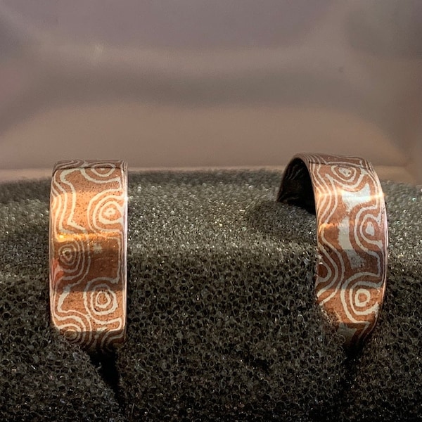 Mokume Gane Eheringe ausgefallen und schön, Trauring Set Damast Schmuck  Damascan Ring Mokume Silber Kupfer Ring