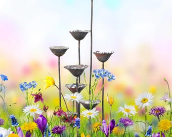 Vogeltränke 10er-Set Gartenstecker Edelrost Blumen Bienen und Insektentränke Handgeschmiedete Gartendekoration Metall Frühling Hobbygärtner