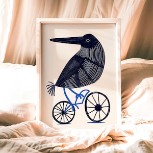 Kiwi Bird on Bike Art Print: Whimsical Animal Illustration, Modern Home Decor