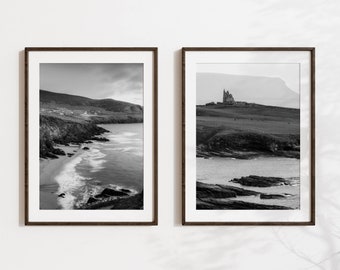 Set of 2 Printable Black & White Irish Photography Wall Art Prints | Coumeenoole Beach and Classiebawn Castle, Ireland | Digital Download