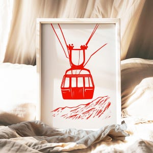 Red Cable Car Print, Minimalist Ski Poster, Alpine Gondola Wall Art, Mountain Travel Decor, Modern Switzerland Illustration, Ski Lodge Art