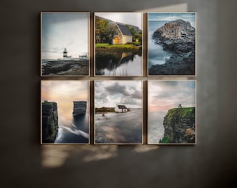 May include: A set of six framed photographs featuring various scenic landscapes of Ireland. The photos include a lighthouse, a church, a cliffside, and a rocky coastline.