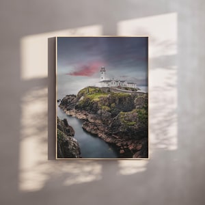 Arte mural del faro de Fanad, fotografía costera irlandesa, impresión de la Ruta Costera del Atlántico, decoración de faros, paisaje marino al atardecer, arte irlandés