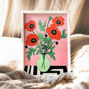 Arte de pared moderno de amapolas, ilustración de jarrón floral llamativo, decoración artística con flores rojas, póster inspirado en la naturaleza, impresión botánica colorida, idea de regalo