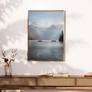 Mountain Photography Wall Art Print showcasing Konigssee, Berchtesgaden, Bavarian Alps, framed in a serene room.