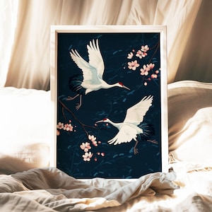 Decorazione murale raffigurante una gru giapponese, stampa di fiori di ciliegio, poster di uccelli orientali blu, arredamento minimalista asiatico, elegante arte naturalistica per camera da letto o ingresso.