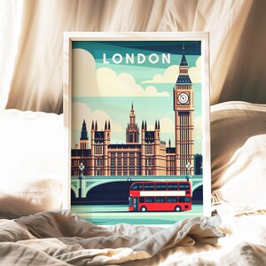 London Travel Poster, Big Ben Art Print, London City Wall Art, UK Landmark Illustration, Retro London Decor, British Architecture Print