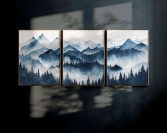 Blue Mountain Landscape Print Set: Abstract Watercolor Triptych