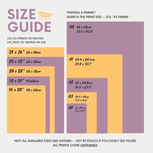 May include: A size guide chart for prints featuring text that reads SIZE GUIDE, FINDING A FRAME? SEARCH THE PRINT SIZE - E.G. 'A3 FRAME', and lists various dimensions in inches and centimeters for sizes ranging from 16x20 inches to A0.