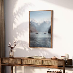 Framed Mountain Photography capturing the beauty of Konigssee, Berchtesgaden, Bavarian Alps, Germany, in a room.