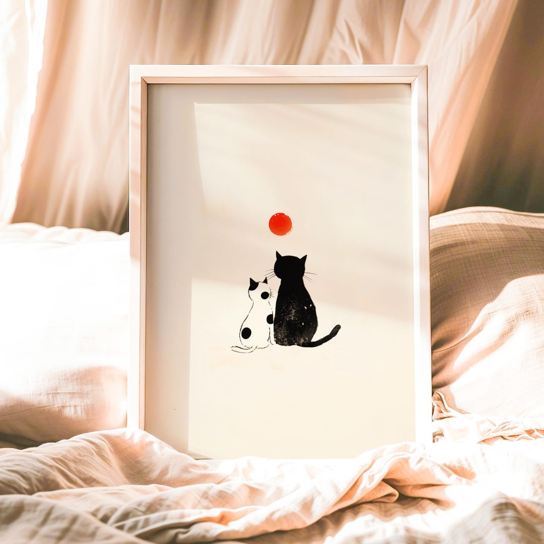 Minimalist Cat Wall Art Print, Black and White Cats Illustration, Cute ...