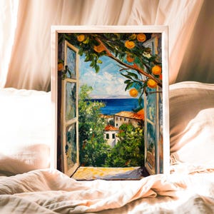 Mediterranean Window View Print, Amalfi Coast Wall Art, Orange Tree Painting, Italy Travel Poster, Coastal Home Decor, Landscape Print