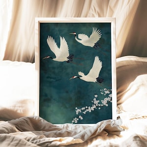 Japanese Crane Wall Art, Asian Bird Print, Elegant Nature Poster, Minimalist Crane Artwork, Traditional Japanese Decor, Floral Bird Art
