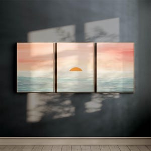 Conjunto de 3 impressões de sol sobre o oceano | Cenário costeiro | Ideia de presente da natureza | A1/A2/A3/A4 | Arte de parede | Conjunto de nascer do sol