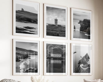Set of 6 Black & White Irish Printable Wall Art Prints | Digital Downloads | Gougane Barra, Cliffs of Moher, Dunquin Pier, Coumeenoole Beach