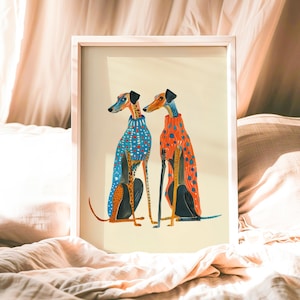 Greyhound Dog Wall Art Print, Whippet Illustration in Colourful Sweaters, Quirky Modern Pet Decor, Greyhound Lover Gift for Dog Owners