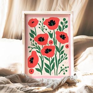 Red Poppy Print: Modern Floral Illustration, Botanical Wall Art