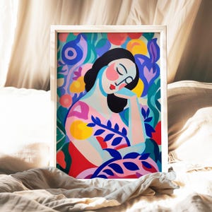 Abstract Portrait Wall Art Print, Colorful Modern Woman Artwork, Feminine Boho Aesthetic Decor, Bold Vibrant Bedroom or Living Room Art