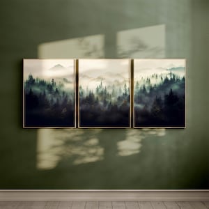 Sage Green Forest 3 Piece Wall Art, Watercolour Mountain Landscape, Mystic Nature Print, Modern Home Decor, Pine Forest Wall Art