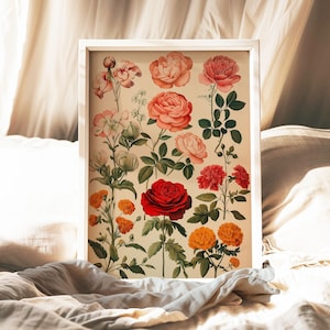 Arte de pared botánico vintage, estampado floral, decoración del hogar estilo cottagecore, póster de rosas antiguas, obra de arte floral victoriana, impresión estética de jardín para pared