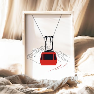 Kunst aan de muur skigondel, alpine kabelbaan print, minimalistische bergposter, skiresort decor, avontuurlijk reizen kunstwerk, wintersportkunst